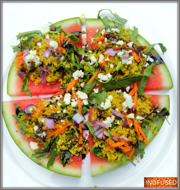 Watermelon pizza salad with curried quinoa