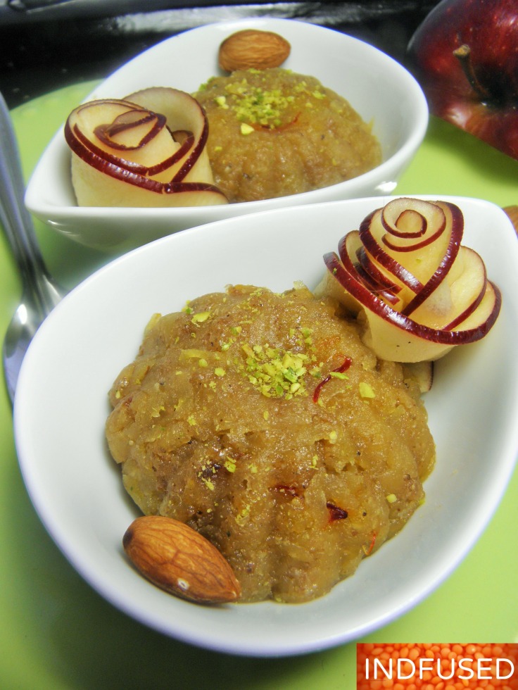 #Quick and #easy #recipe for #apple #halwa, an #Indian #dessert with #cardamom, #almonds, #saffron and #chia seed