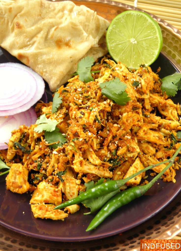 Simplified, shortcut, skinny recipe for a distinctly flavored tangy ,spicy Indian chicken entree, made using skinless boneless rotisserie chicken breast meat.