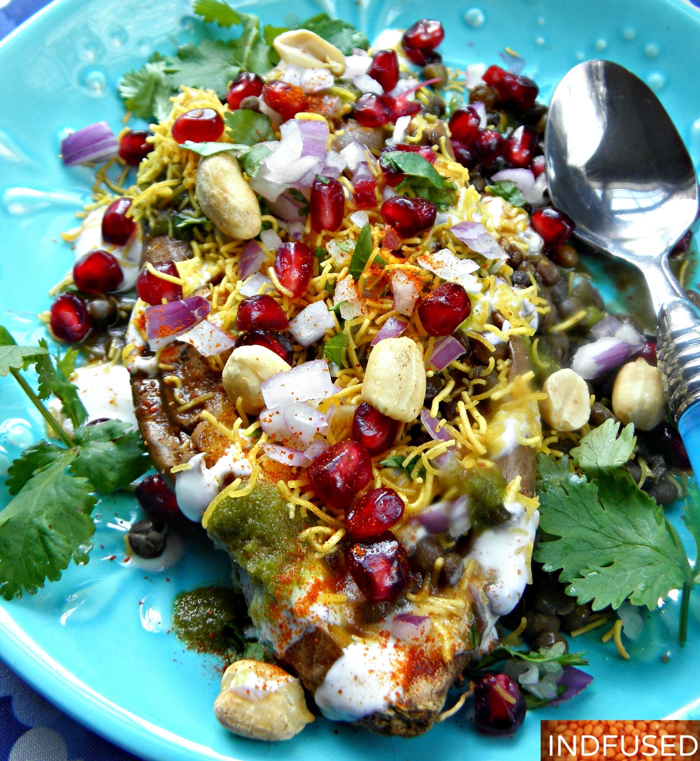 Gluten free, figure friendly, recipe for roasted sweet potatoes topped with mouthwatering Indian chaat spices and chutneys