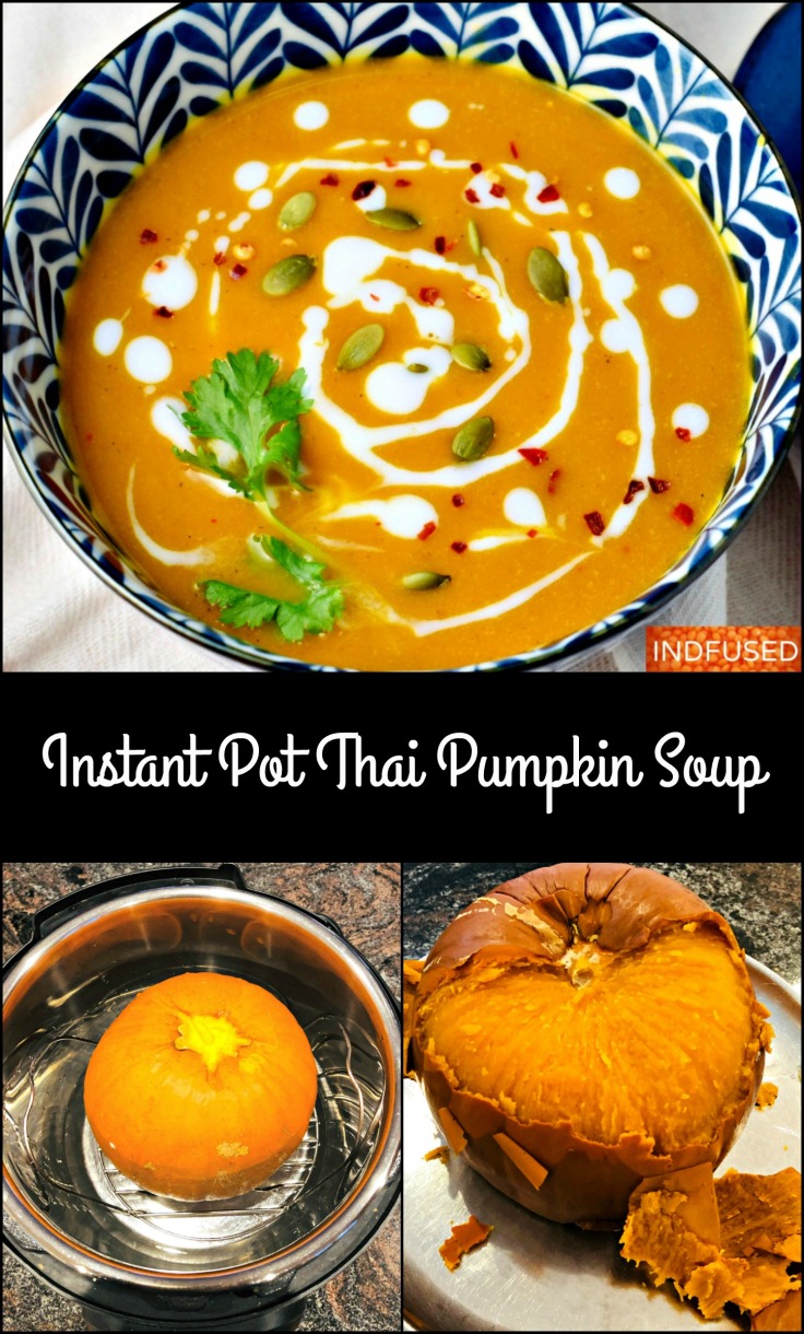 Instant Pot Thai Pumpkin Soup- with turmeric, ginger and coconut milk is delectable and filling. Serves 8.